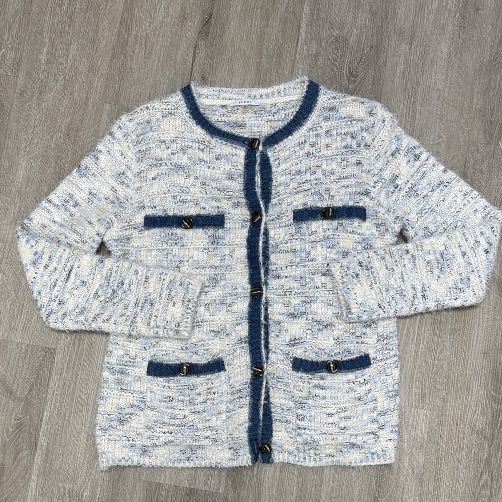 Sioni Blue White Tweed Cardigan Jacket Women M Button Front Textured Preppy